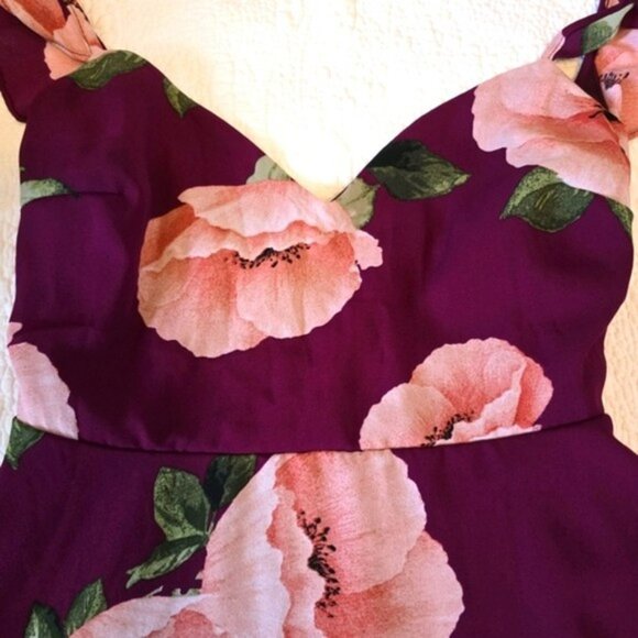 Lulus Women's Floral Ruffle Strap Fit & Flare Mini Formal Dress Burgundy Medium - Picture 10 of 16